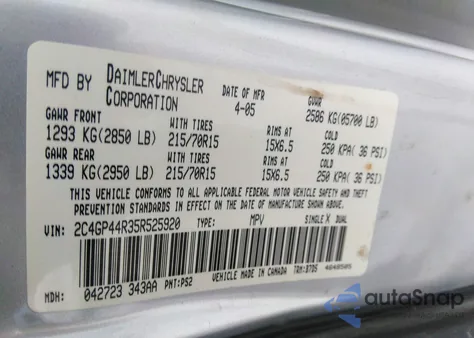 2005 Chrysler Town & Country Lx from USA, damaged, VIN 2C4GP44R35R525920